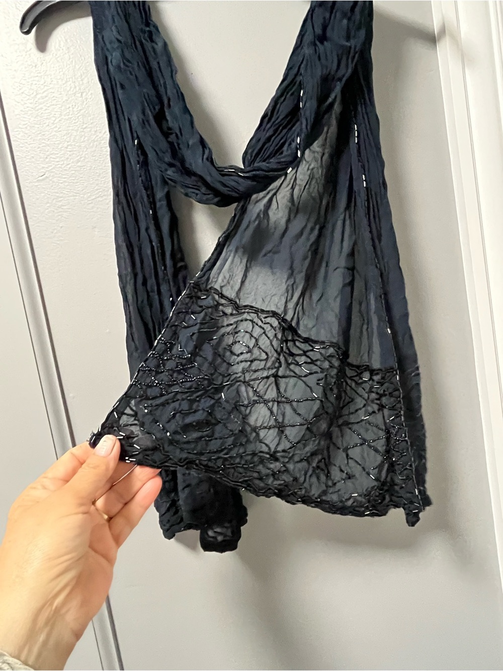 Lightweight Black Crinkled Women's Scarf - Versatile Draped Wrap